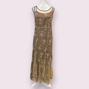 Tea & Scones Women's Maxi Dress Tan Lace Flora Sleeveless Size Small 90s Y2K